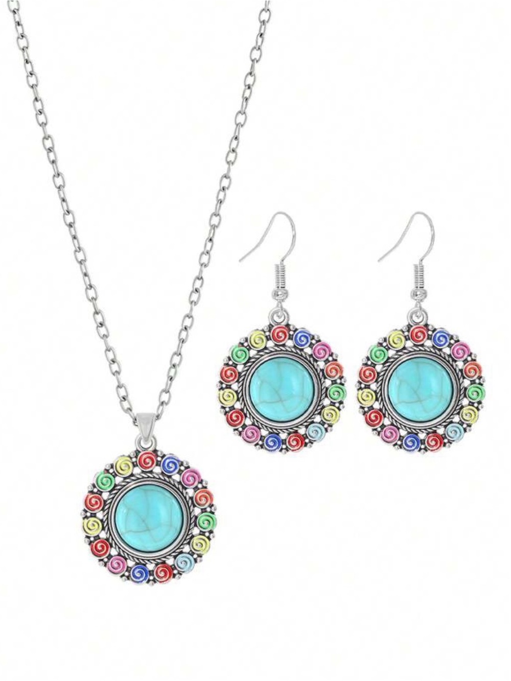 Silver-Tone Turquoise Pendant Necklace & Earrings Set with Multicolor Accents